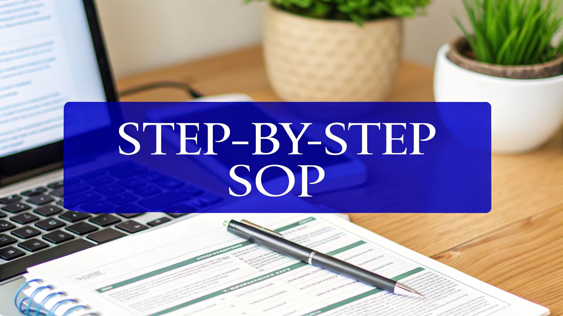 A blue banner prominently displays 'STEP-BY-STEP SOP' on a desk with a laptop, document, and pen.