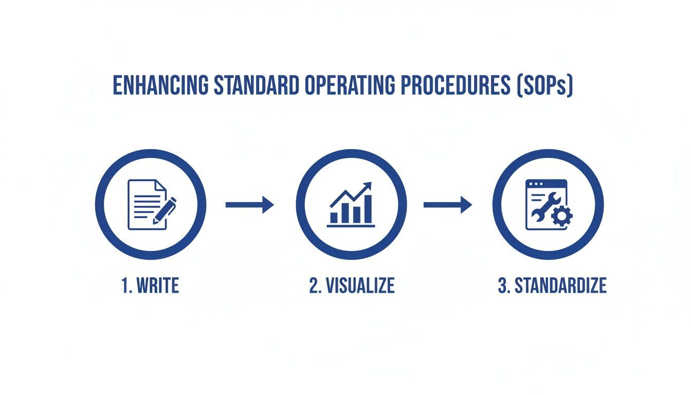 A three-step process diagram illustrating how to enhance Standard Operating Procedures (SOPs): Write, Visualize, Standardize.