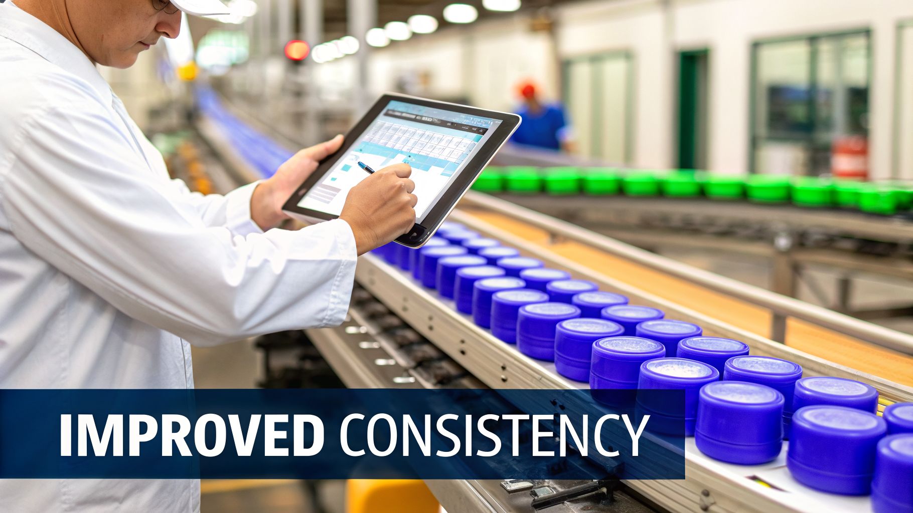 A quality control worker monitors a manufacturing line using a tablet, ensuring product consistency.