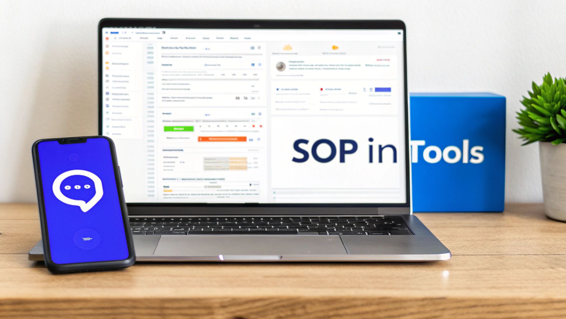 A smartphone with a chat icon and a laptop displaying 'SOP in Tools' software on a wooden desk.