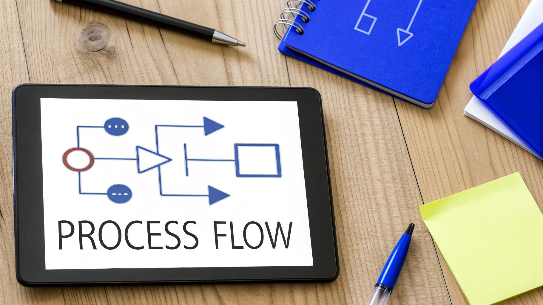 A black tablet displaying a process flow diagram and text 'PROCESS FLOW' on a wooden desk with office supplies.