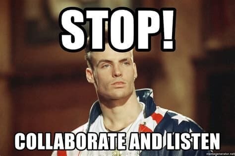 A man in an American flag with knowledge of procedures, training, stop, collaborate and listen.