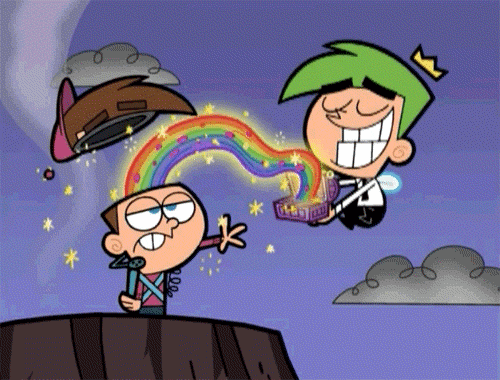 A cartoon character is holding a rainbow over his head to showcase his training.