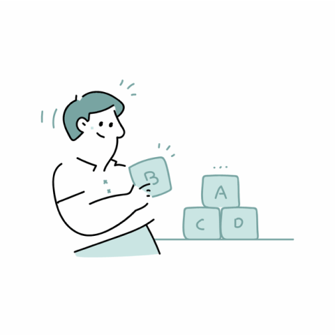 An illustration of a man playing with blocks to demonstrate educational processes.