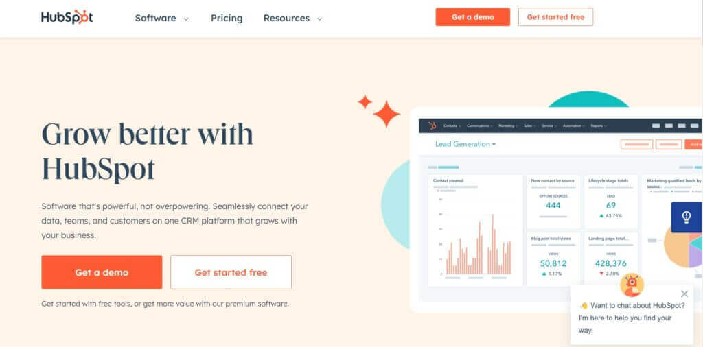 Hubspot's landing page featuring growth and processes with Hubspot.