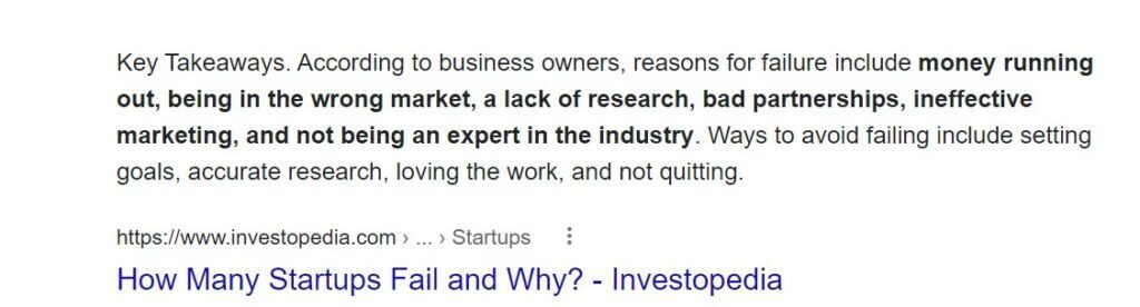 Investopedia quote on why start ups fail