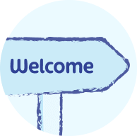 A welcome sign template featuring a blue design in a white background.