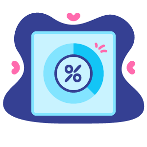 A percentage icon representing knowledge and processes, with hearts around it.