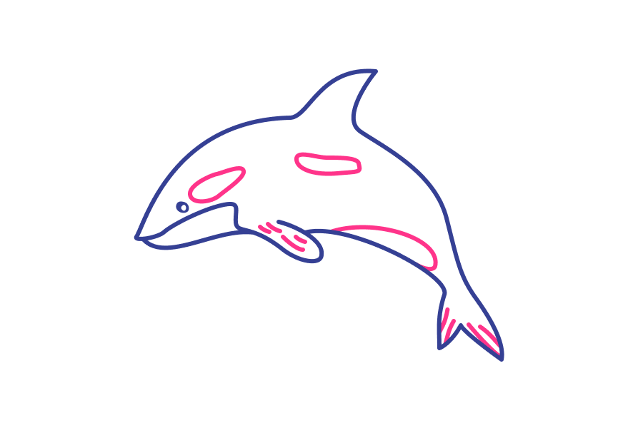 A blue line drawing of a dolphin.