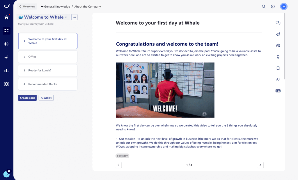 Screenshot of an online onboarding guide for Whale's new employees, featuring navigation options on the left and a welcome message with an animated image at the center of the screen. This comprehensive guide also includes essential SOPs to ensure seamless onboarding and understanding of company processes.