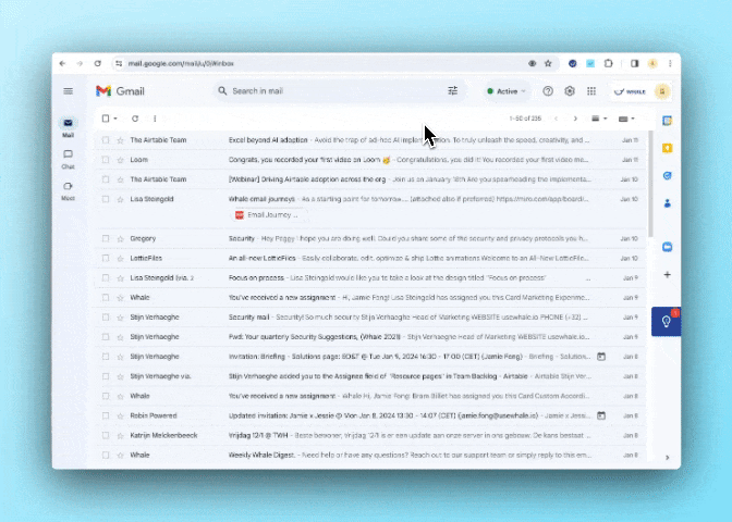 A screen shot of a gmail inbox on a blue background