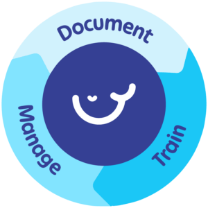 A circular graphic with a central dark blue circle featuring a smiling icon, surrounded by a light blue ring with the words "documentation," "manage," and "training.