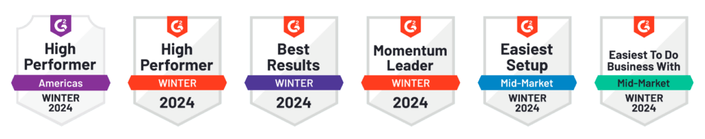 Image displaying six G2 badges labeled: "High Performer Americas Winter 2024," "High Performer Winter 2024," "Best Results Winter 2024," "Momentum Leader Winter 2024," "Easiest Setup Mid-Market Winter 2024," and "Easiest To Do Business With Mid-Market Winter 2024, underscoring excellence in employee training and onboarding