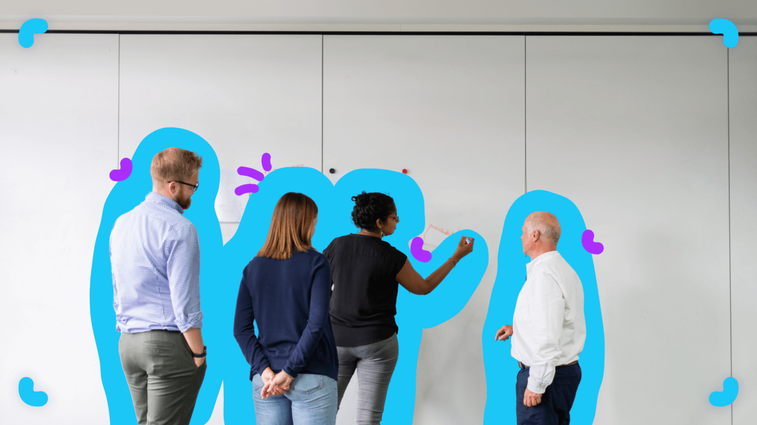 Four people stand in front of a whiteboard, with one person writing on it while the others observe. Blue silhouettes with purple and blue marks highlight their positions, creating a scene reminiscent of a business organization chart in action.