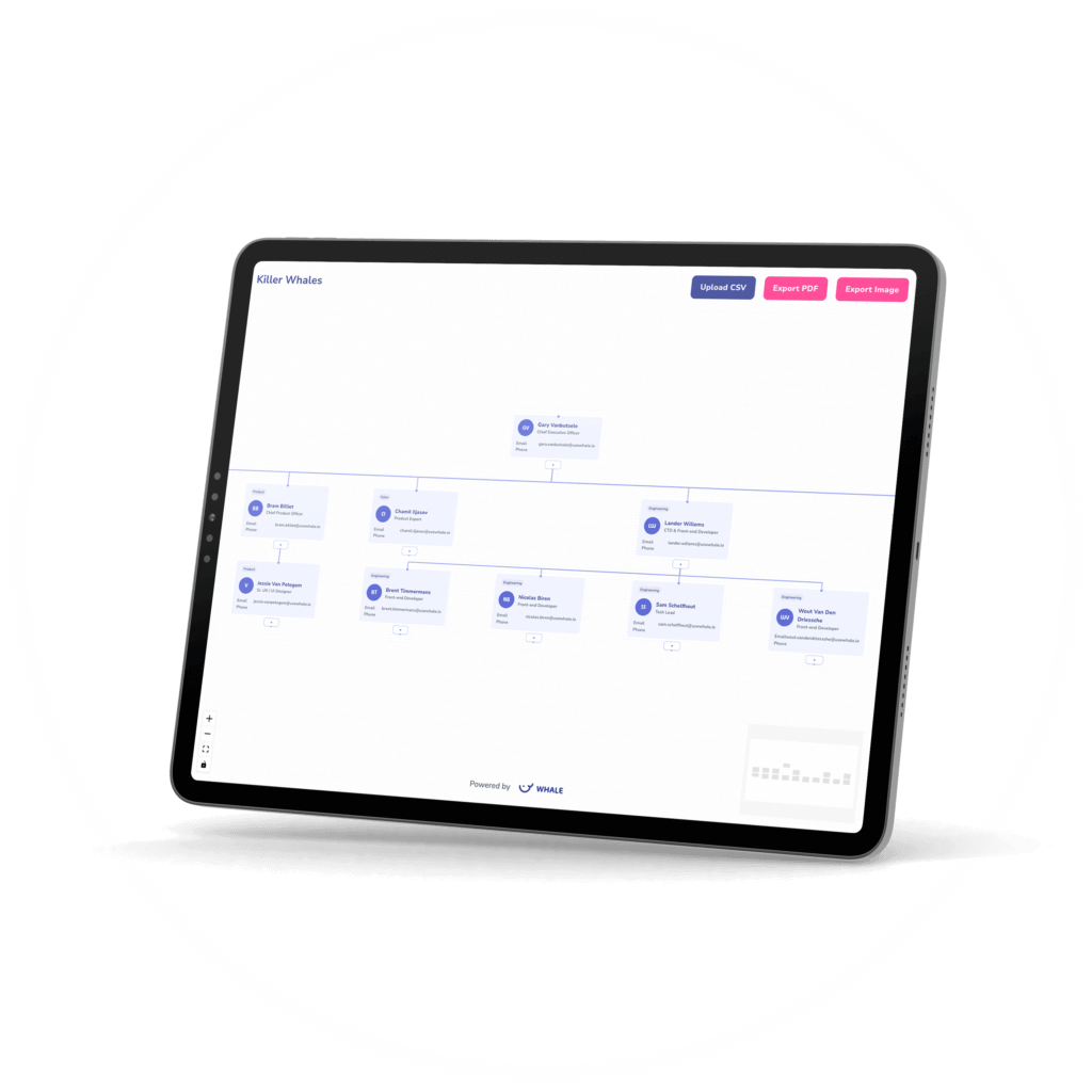 A tablet displaying a flowchart on its screen. The chart illustrates a hierarchical structure with multiple connected nodes, perfect for process documentation. Options to upload CSV, export PDF, and export image are visible at the top.