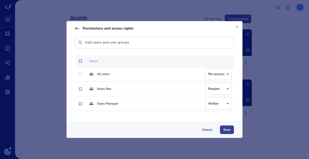 A user interface screen titled "Permissions and access rights" shows user roles like "Sales Rep" with Reader access and "Sales Manager" with Writer access, along with options to save or cancel. This setup is ideal for streamlined onboarding and effective employee training.