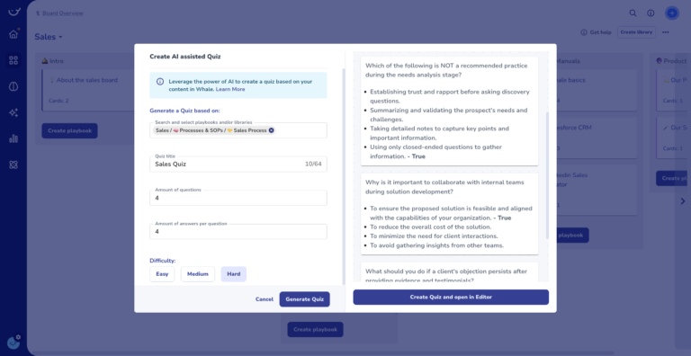 Screenshot of a software interface for creating an AI-assisted quiz. The screen shows options to generate a quiz, customize quiz settings, set difficulty levels, and a sample quiz preview—perfect for streamlining onboarding and SOPs through interactive learning.