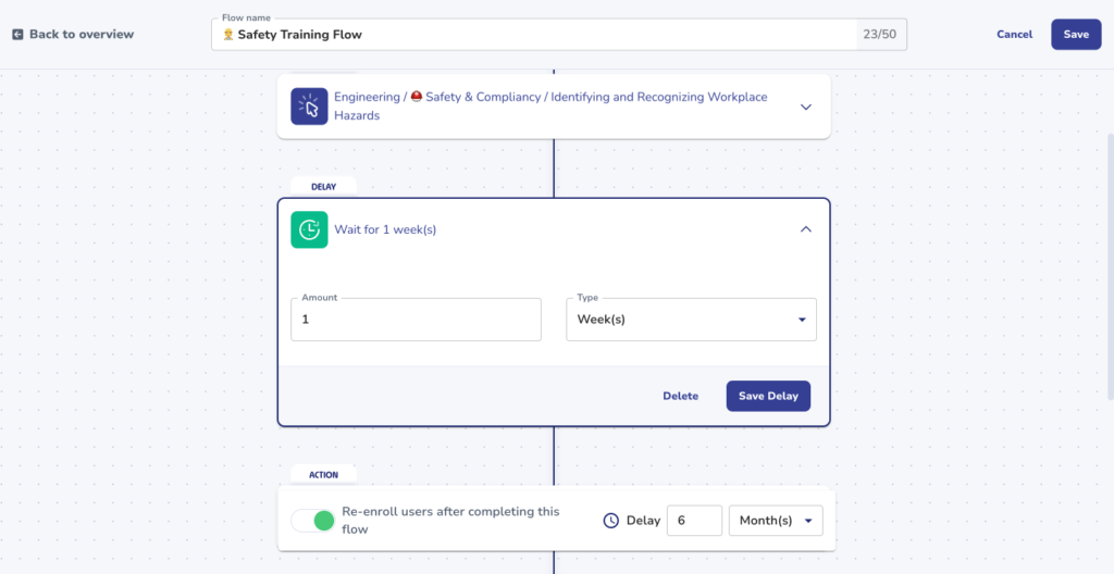 A flowchart titled "Safety Training Flow" illustrates a step for waiting one week, followed by an action to re-enrol users after six months. Options to save or cancel are visible. This is essential for onboarding and process documentation.