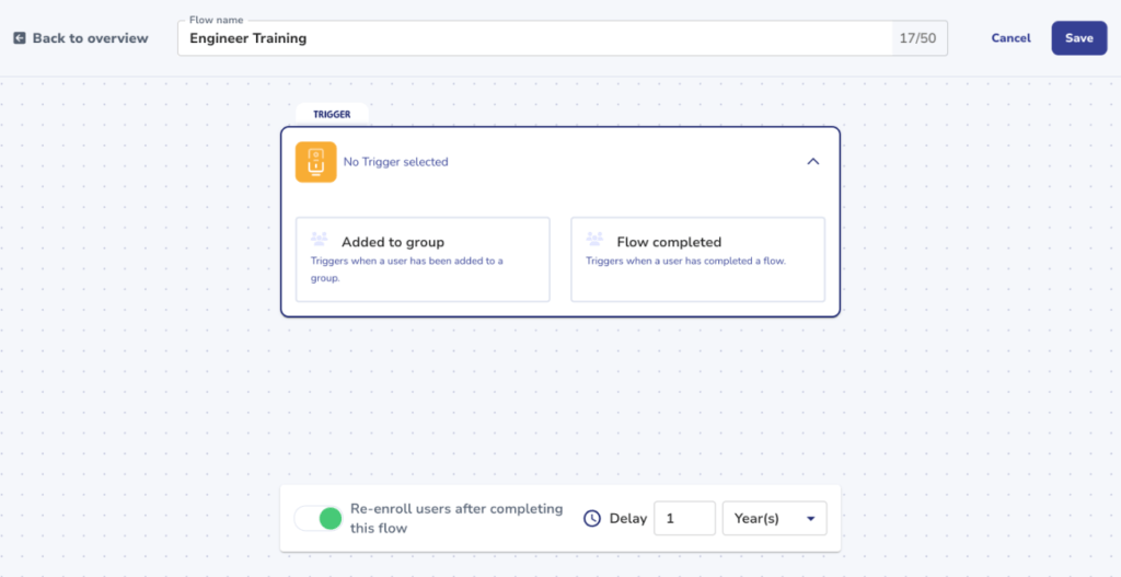 Screenshot of a workflow interface labeled "Engineer Training" showing options to add a trigger: "Added to group" and "Flow completed." Includes a toggle to re-enroll users after a set duration, aiding in comprehensive employee training.