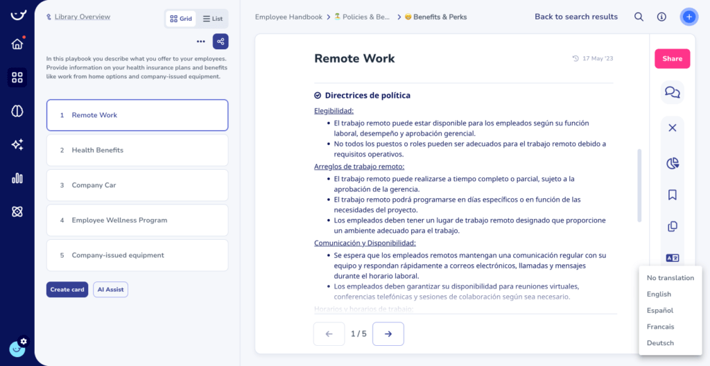 A user interface displaying a policy document titled "Remote Work" with text in Spanish, alongside a navigation pane listing other policies such as Health Benefits and Company Car, serves as essential process documentation for effective onboarding and employee training.