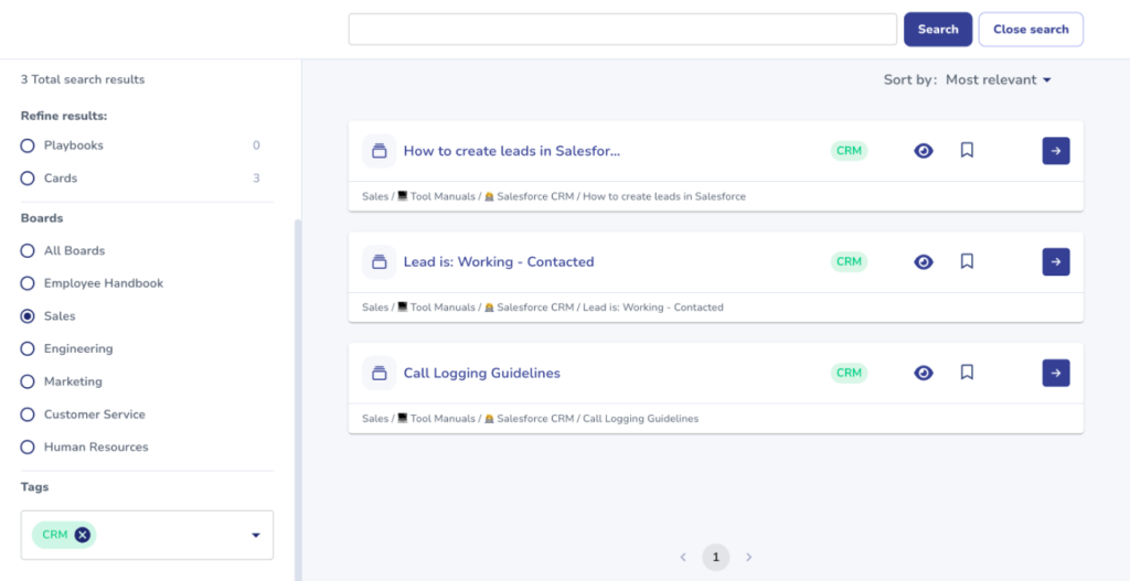 A search results page showcasing three entries related to CRM topics, such as "How to create leads in Salesforce..." and "Call Logging Guidelines," is displayed. The search bar and filtering options are visible on the left, making it easy to find SOPs and process documentation for onboarding.