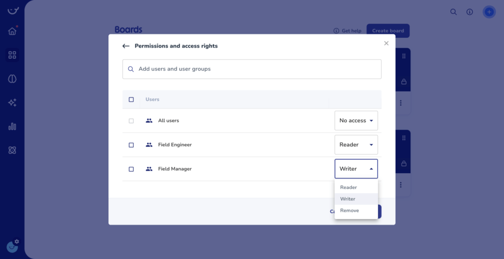 A permissions interface shows different user roles. "Field Manager" is being assigned "Writer" access from a dropdown menu, assisting with process documentation. Other roles include "Field Engineer" and "All users." This setup is integral for efficient employee training and onboarding procedures.