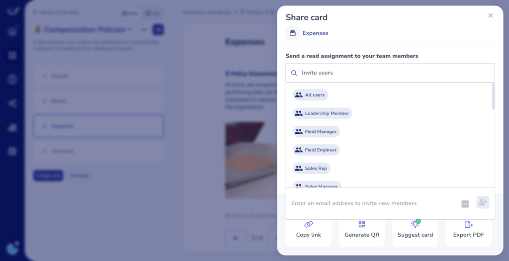 A screen showing a "Share card" for "Expenses". Users can be assigned or invited via email, QR code, or PDF. User roles include Leadership Member, Field Manager, and more. Options for copying links and exporting make it ideal for onboarding new employees and integrating into SOPs seamlessly.