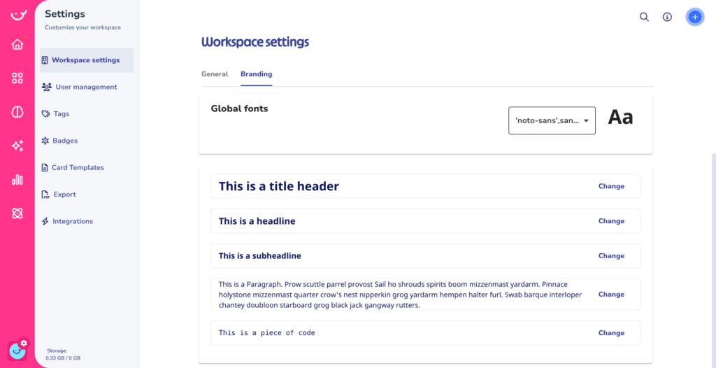 Screenshot of workspace settings with options for global fonts and text hierarchy examples including title header, headline, subheadline, paragraph, and a code snippet. Ideal for process documentation or SOPs. Navigation menu on the left.