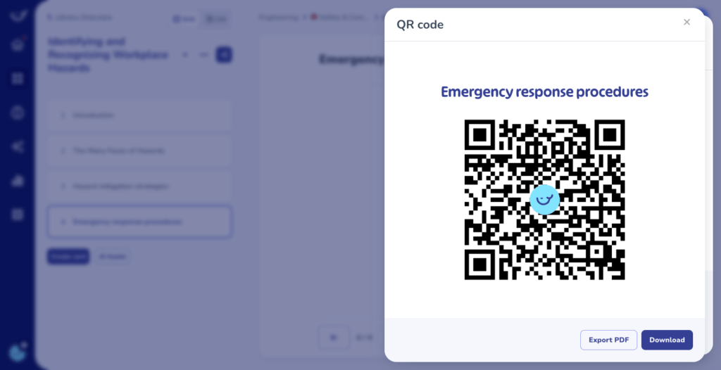 A QR code is displayed on a screen with the text "Emergency response procedures" above it. This essential part of employee training includes options to "Export PDF" and "Download" below the QR code.