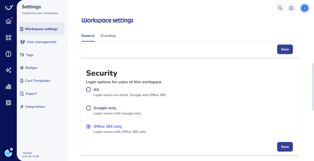 Screenshot of workspace settings page displaying security login options for users as part of onboarding. Options include "All", "Google only", and "Office 365 only". Save button is on the right.