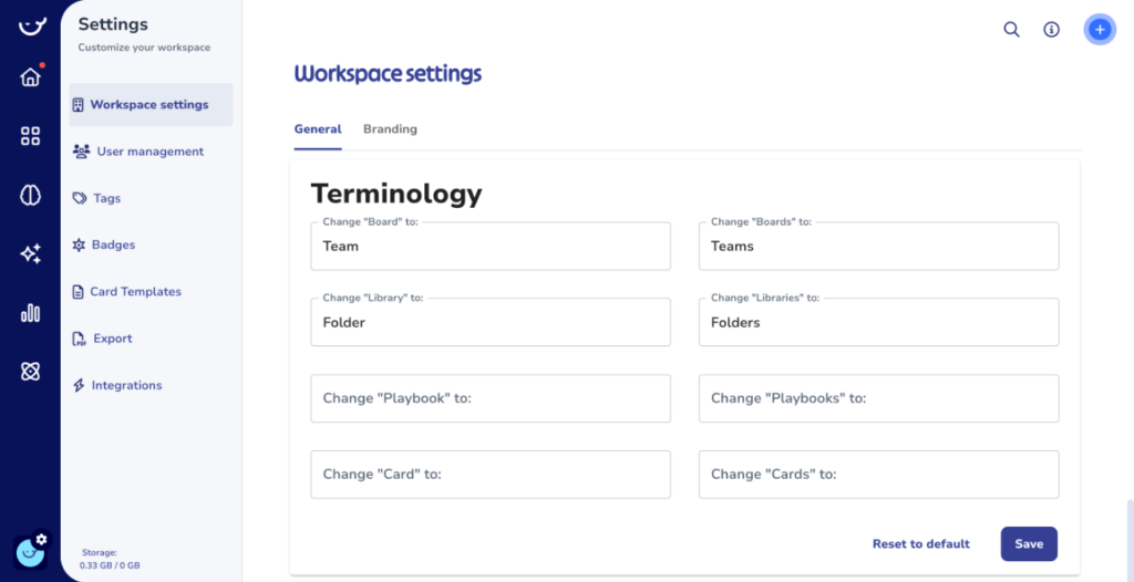 A screenshot of workspace settings in a software application, showing terminology customization options for various components such as boards, teams, folders, and playbooks to streamline process documentation.