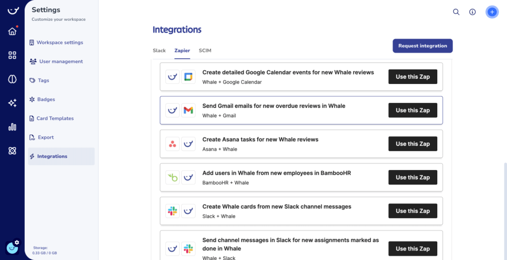 Screenshot of an integrations settings page showcasing various Zapier integrations with options like creating Google Calendar events, sending Gmail emails, and creating Asana tasks for reviews in Whale, streamlining SOPs and process documentation.