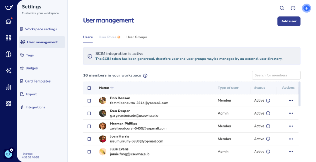 Screenshot of a user management page in a web application, showing a list of 16 users, their email addresses, and roles. The workspace settings and user management options are on the left sidebar, facilitating seamless onboarding for new hires.