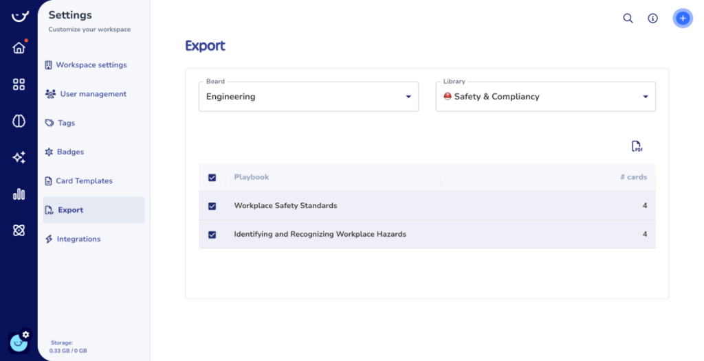 Settings page for exporting workspace items. Board is set to Engineering. Library is set to Safety & Compliance, essential for onboarding. Playbooks available for export include Workplace Safety Standards and Hazard Identification, ensuring thorough process documentation and adherence to SOPs.