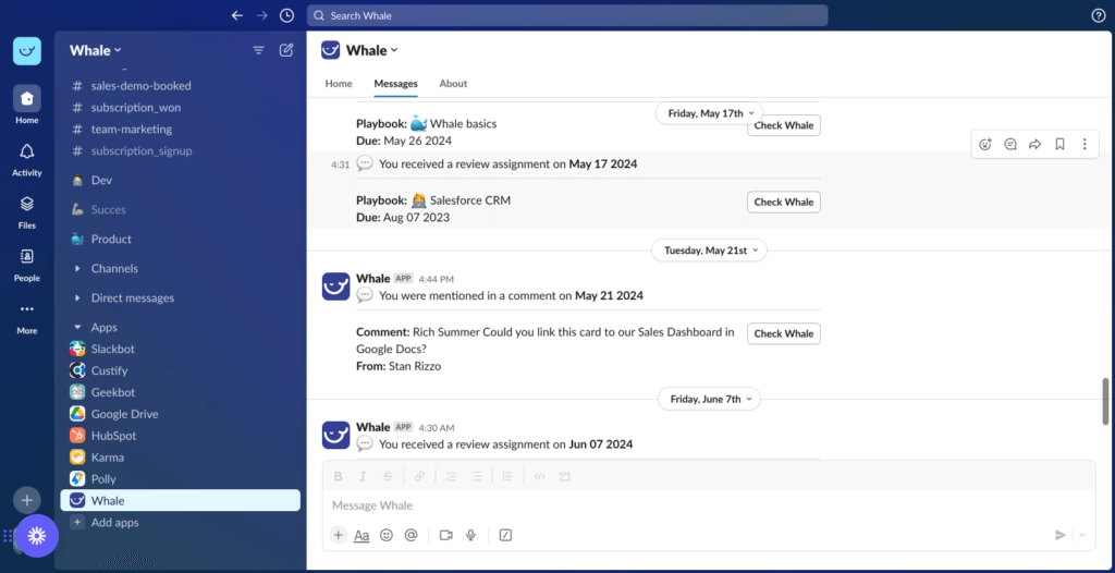 A chat interface from Whale displays messages about review assignments, Salesforce CRM, a comment inquiry, an upcoming assignment, and process documentation. Icons and timestamps are visible.