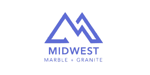 Logo for Midwest Marble + Granite featuring a blue stylized mountain design above the company name on a black background, highlighting their expertise as premier countertop fabricators.