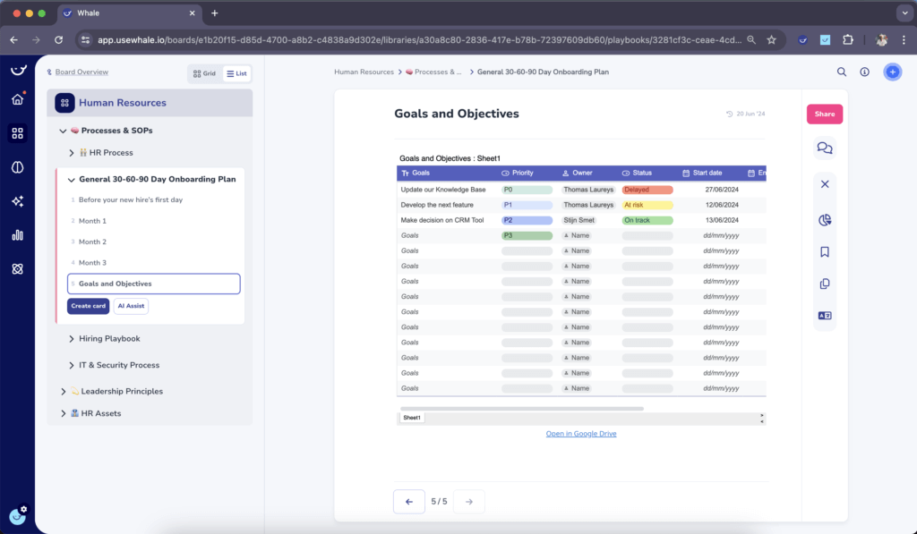 The image shows a webpage titled "Goals and Objectives" in a Human Resources section. It displays a table with goals, owners, priority levels, status, due dates, and related SOPs for better process documentation, along with navigation and editing options.