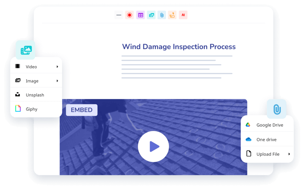 Screenshot of a webpage editor showing a section titled "Wind Damage Inspection Process" with options to embed video, image, Unsplash, Giphy, and file upload functions visible.