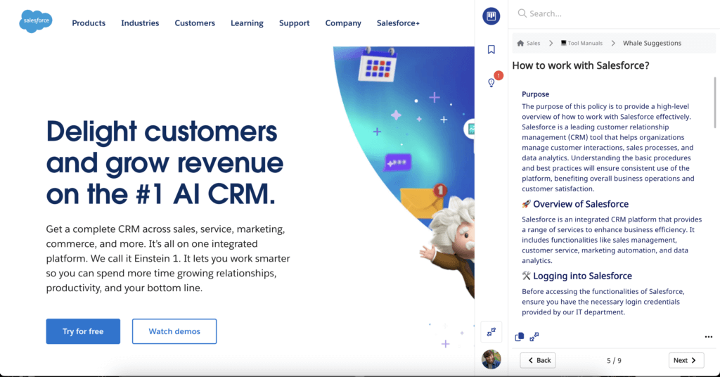 Screenshot of Salesforce webpage showing a promotional message for "the #1 AI CRM" on the left and instructional content titled "How to work with Salesforce?" on the right, emphasizing SOPs for employee training.