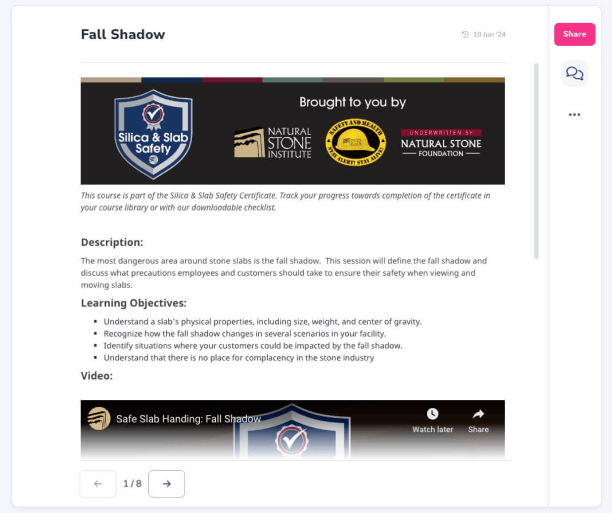 Screenshot of an online training page titled "Fall Shadow" under the Silica & Slab Safety certificate program for countertop fabricators. The page includes a description, learning objectives, and a video player.