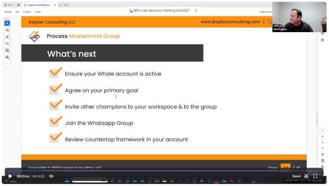 Screenshot of a presentation slide titled "What's Next" showing key actions including ensuring account activity, agreeing on a primary goal, inviting group members, joining a WhatsApp group for countertop fabricators, and reviewing a framework.