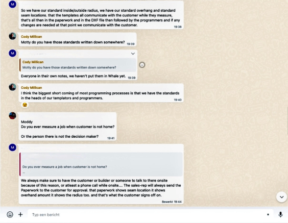 A chat interface showing a conversation about standard operating procedures, measurements, and customer policies. Multiple users, including countertop fabricators, are discussing details regarding customer service standards and approvals.