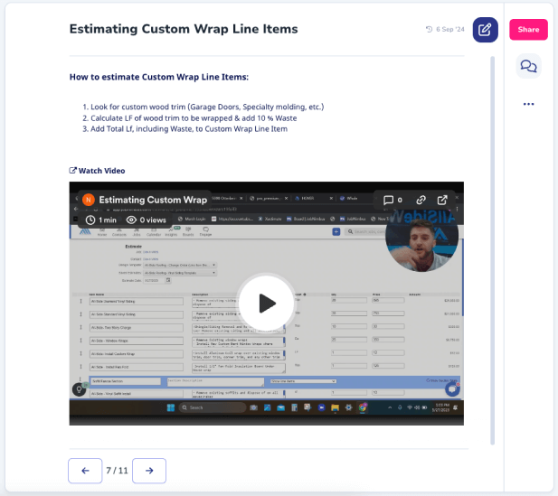Screenshot of an instructional video titled "Estimating Custom Wrap Line Items" with step-by-step text instructions above and a video player below, focusing on the roofing industry, showing a computer screen with detailed estimation steps.
