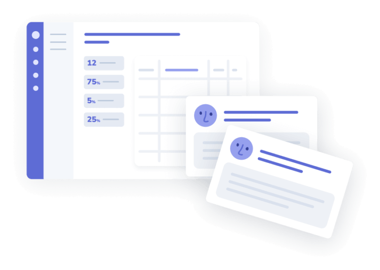 Illustration of a user interface with a sidebar showing percentages and three overlapping cards with profiles and text, ideal for onboarding new users or detailing SOPs.