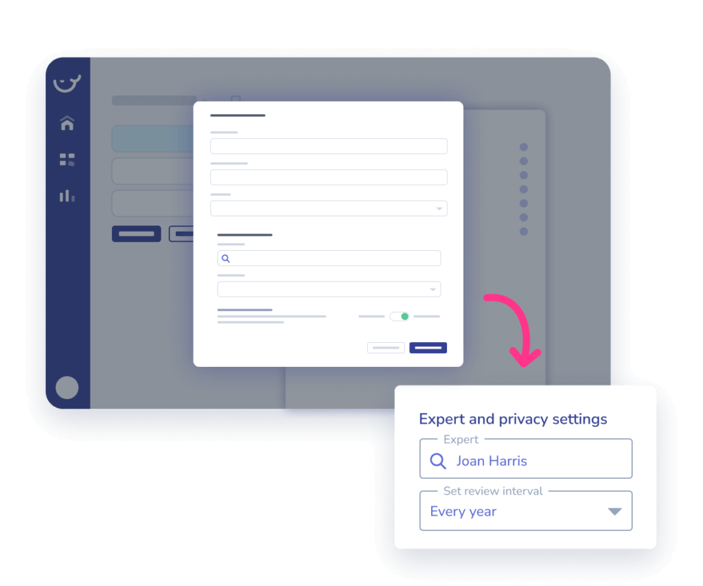 A pop-up window displaying expert and privacy settings with a highlighted field for selecting an expert named "Joan Harris" and setting a review interval to "Every year." Ideal for process documentation during employee training.