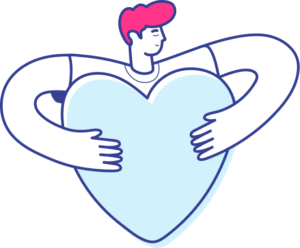 Illustration of a person with pink hair hugging a large blue heart with both arms, symbolizing the warmth and support found in effective employee training.