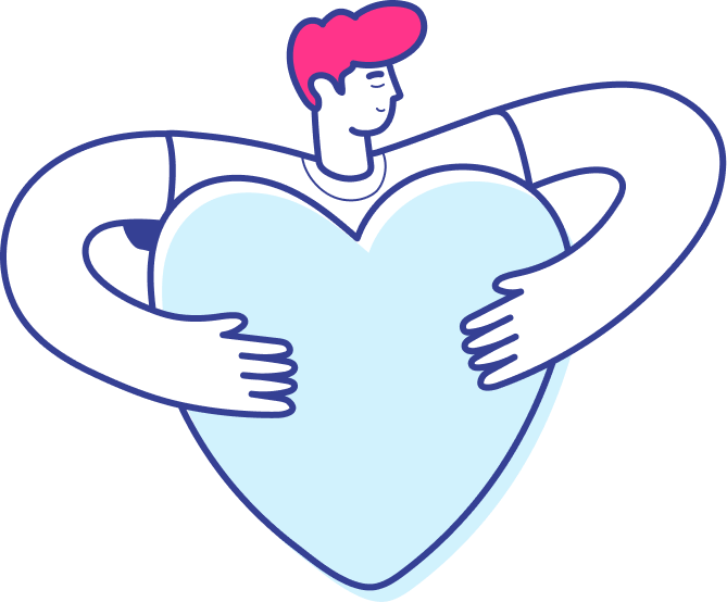 Illustration of a person with pink hair hugging a large blue heart with both arms, symbolizing the warmth and support found in effective employee training.