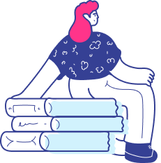 Illustration of a person with red hair sitting on top of a stack of three large blue books, facing to the left, symbolizing the importance of employee training.