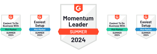 Image showcasing five G2 award badges for Summer 2024, featuring Momentum Leader and Easiest to Do Business With, along with Easiest Setup for Mid-Market—demonstrating excellence in onboarding and employee training.