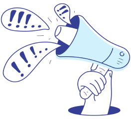 Illustration of a hand holding a blue megaphone, emitting sound waves with exclamation marks, symbolizing the importance of onboarding and employee training.